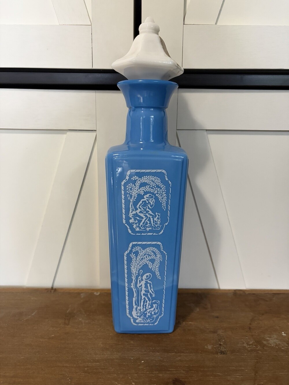 Vintage 1965 Jim Beam BlueSlag Milk Glass WhiskeyDecanter Shepherd and Dog